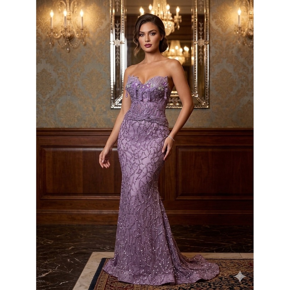 Purple Beaded Mermaid Formal Gown Corset Back Sequin Prom Pageant Dress